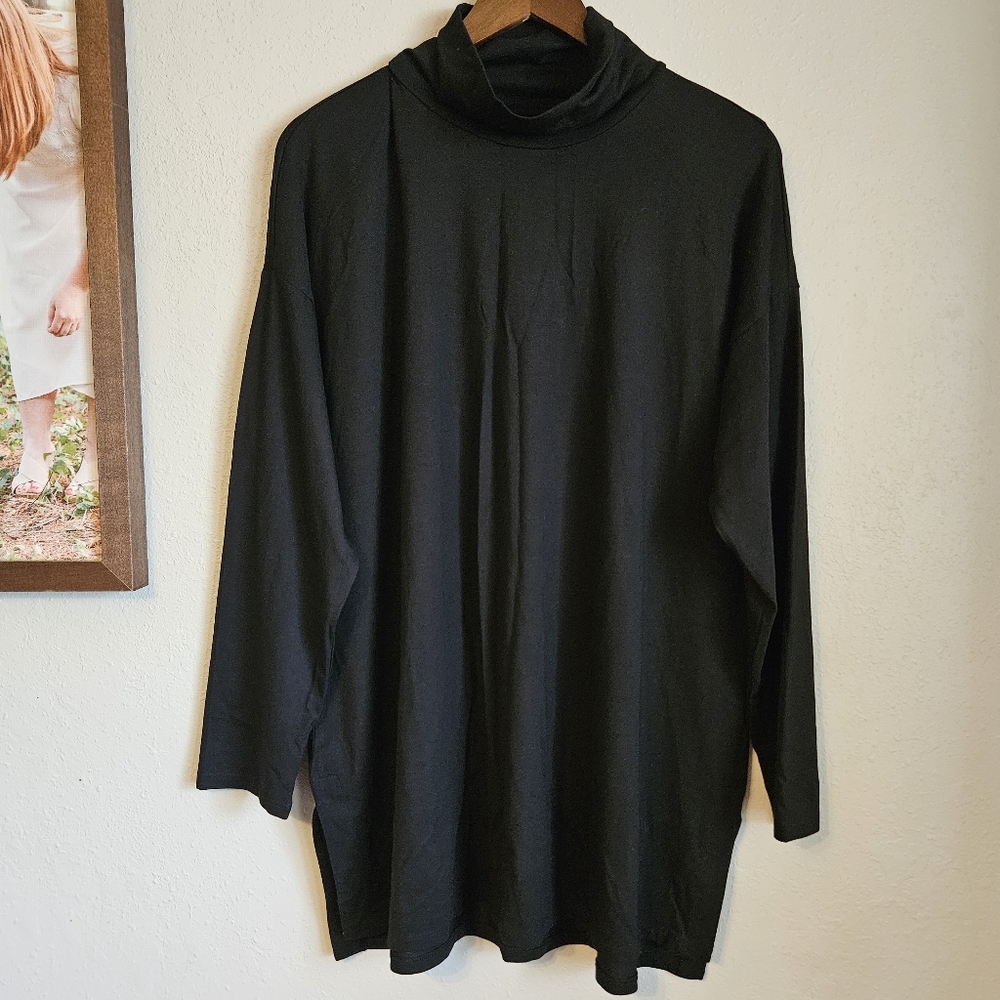 J Jill Luxe Supima High Low Turtleneck Cotton Modal Tunic Split Hem Blac…